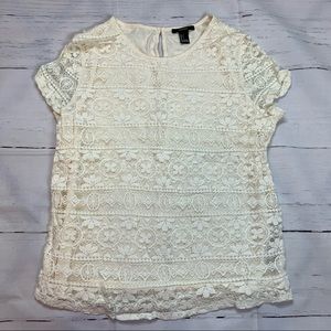 Forever21 lace crochet top tee cream ivory cotton summer large comfort off-white